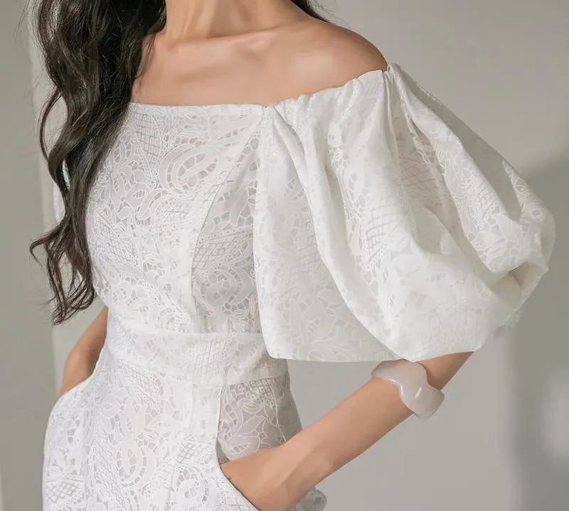 NATALIE PUFF SLEEVE OFF SHOULDER WHITE LACE MIDI DRESS Gloria Lanvin