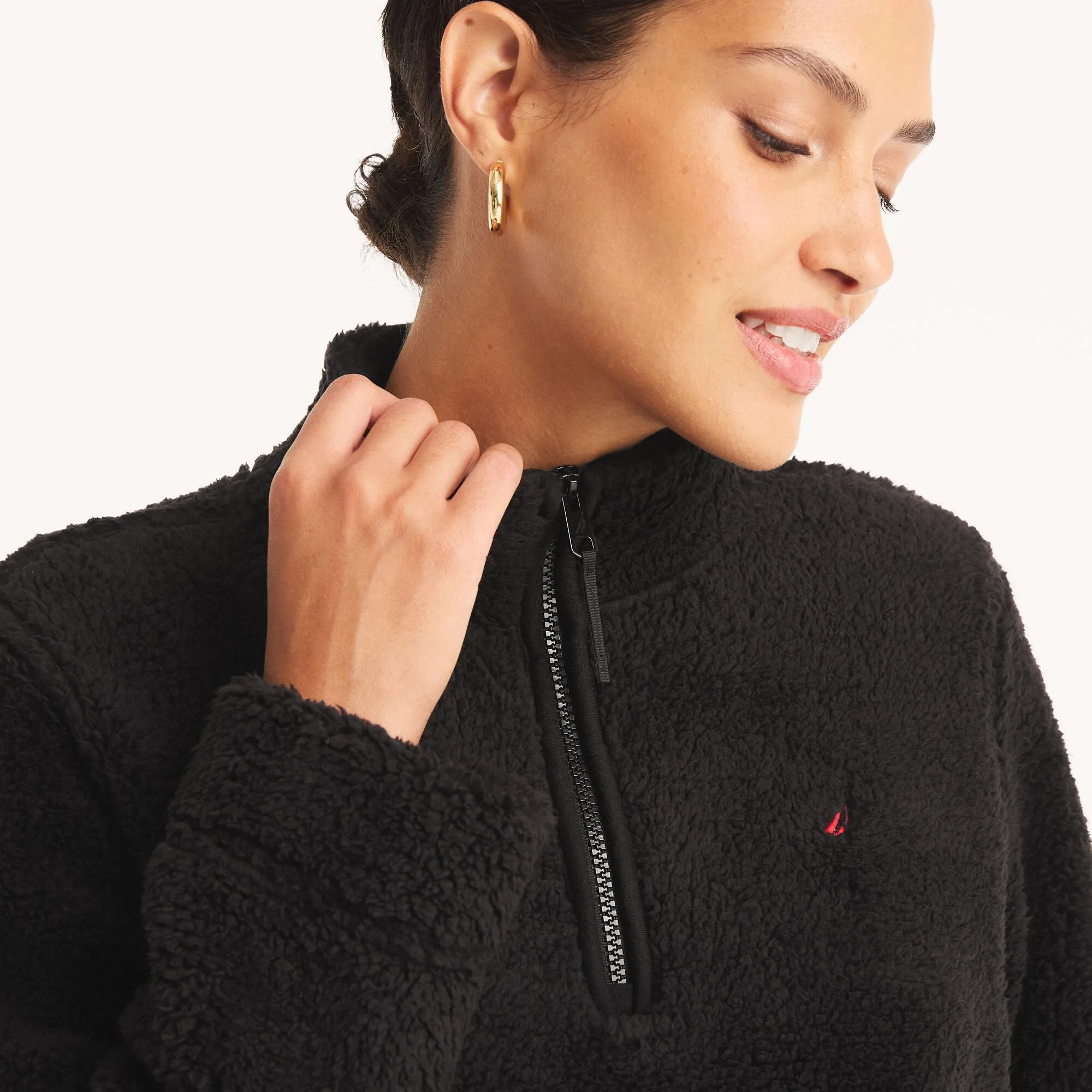 Nautica Womens Quarter-Zip Faux Shearling Pullover
