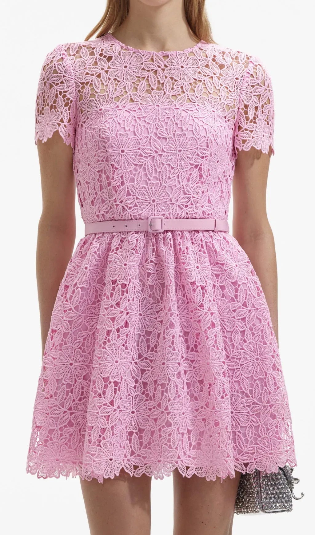 PINK GUIPURE ROUND NECK MINI DRESS Gloria Lanvin