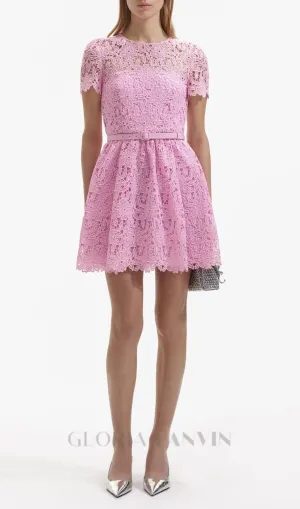 PINK GUIPURE ROUND NECK MINI DRESS Gloria Lanvin