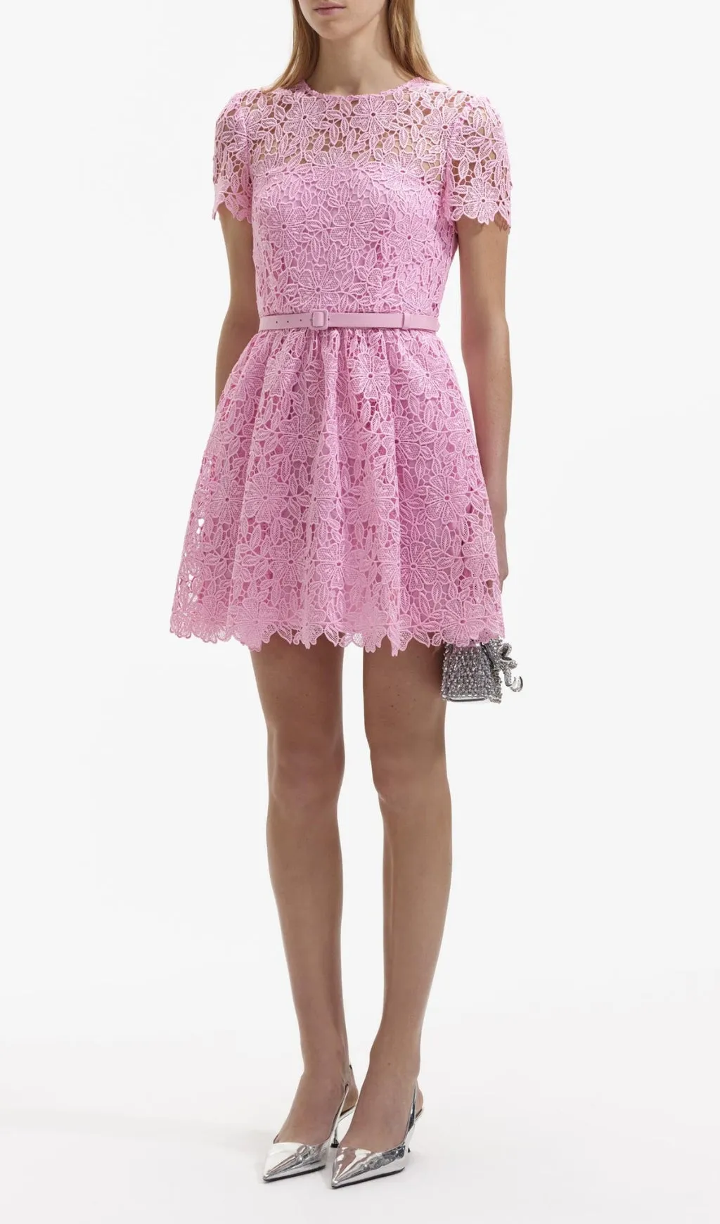 PINK GUIPURE ROUND NECK MINI DRESS Gloria Lanvin