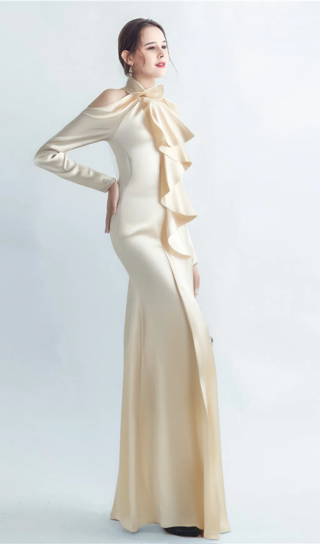 RAE CHAMPAGNE ONE-SHOULDER RUFFLE EMBELLISHED MAXI DRESS Gloria Lanvin