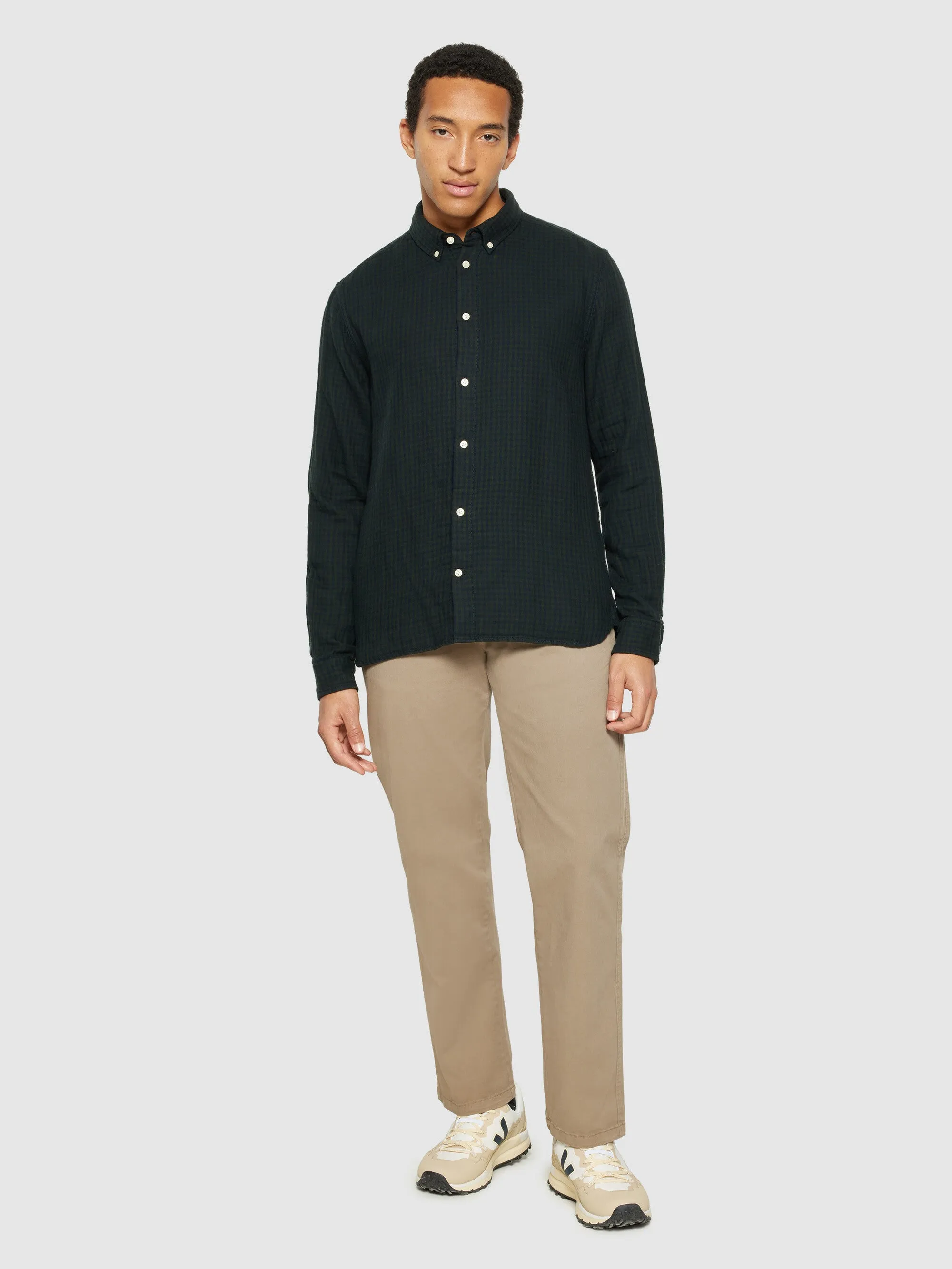 Regular fit double layer checkered shirt - Green check Knowledge Cotton