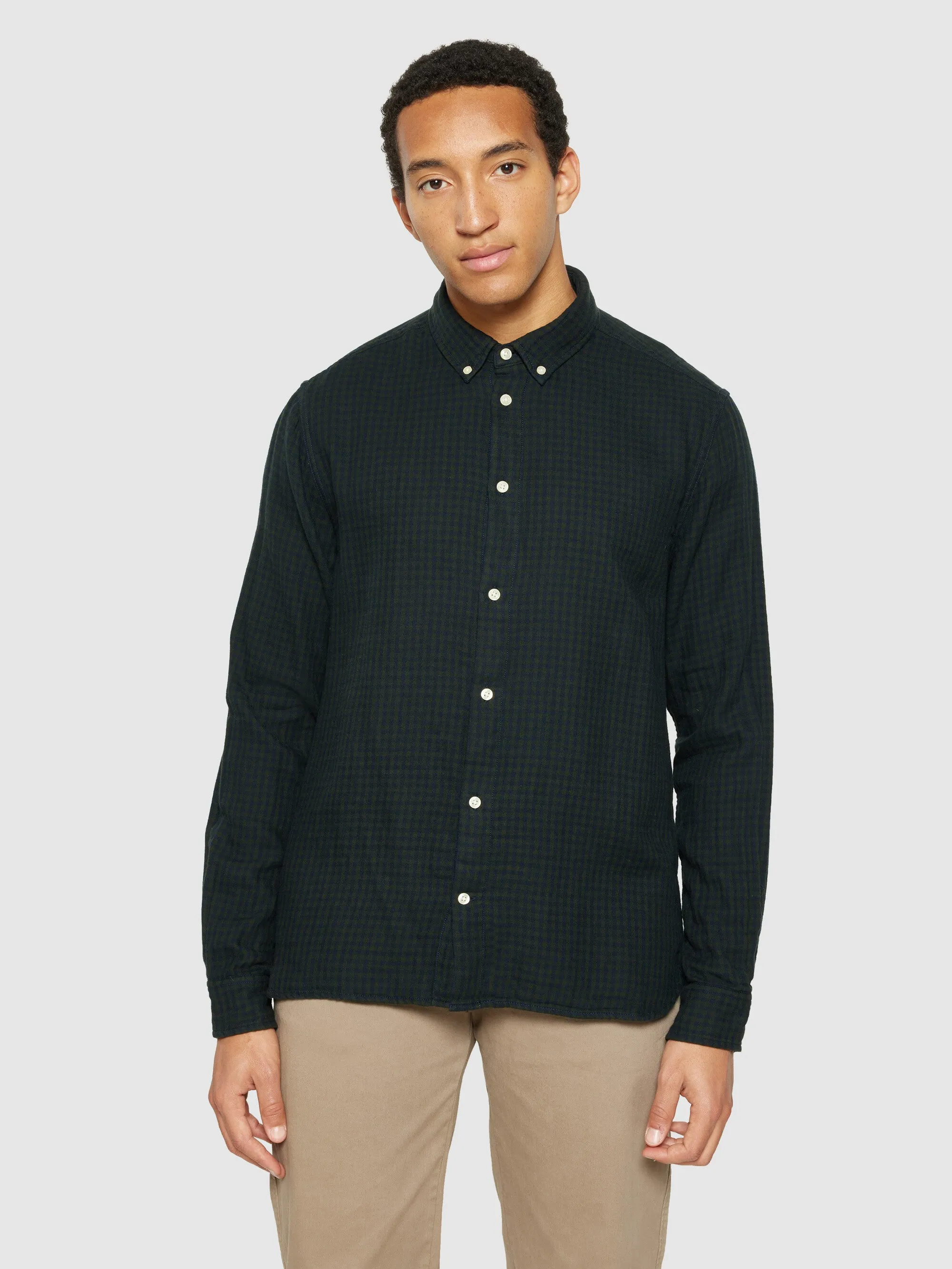Regular fit double layer checkered shirt - Green check Knowledge Cotton