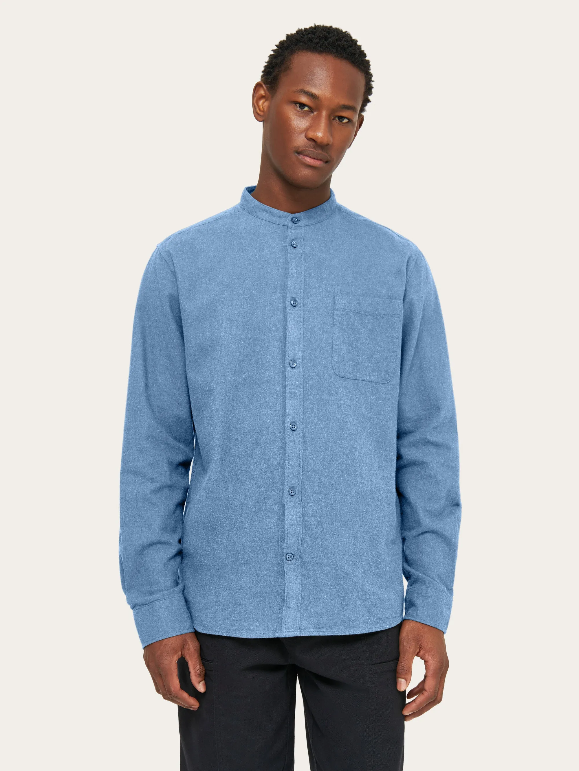 Regular fit melang flannel stand collar shirt - Dark Denim Knowledge Cotton