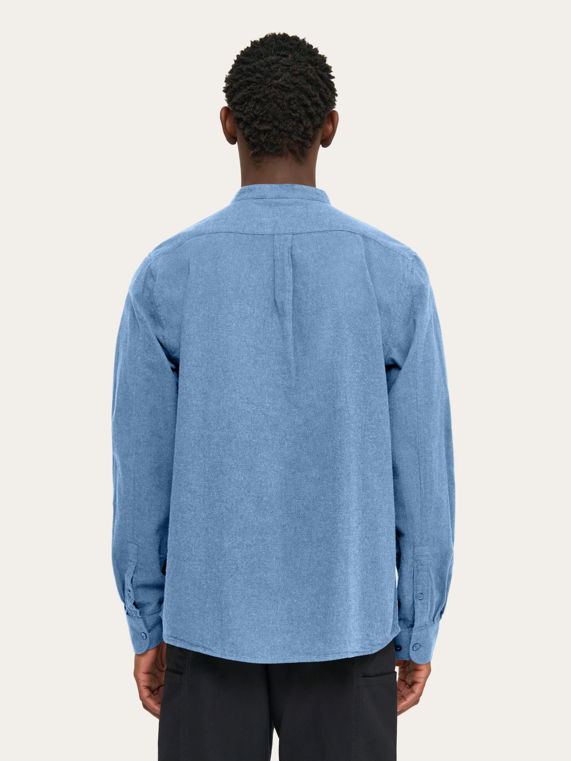 Regular fit melang flannel stand collar shirt - Dark Denim Knowledge Cotton