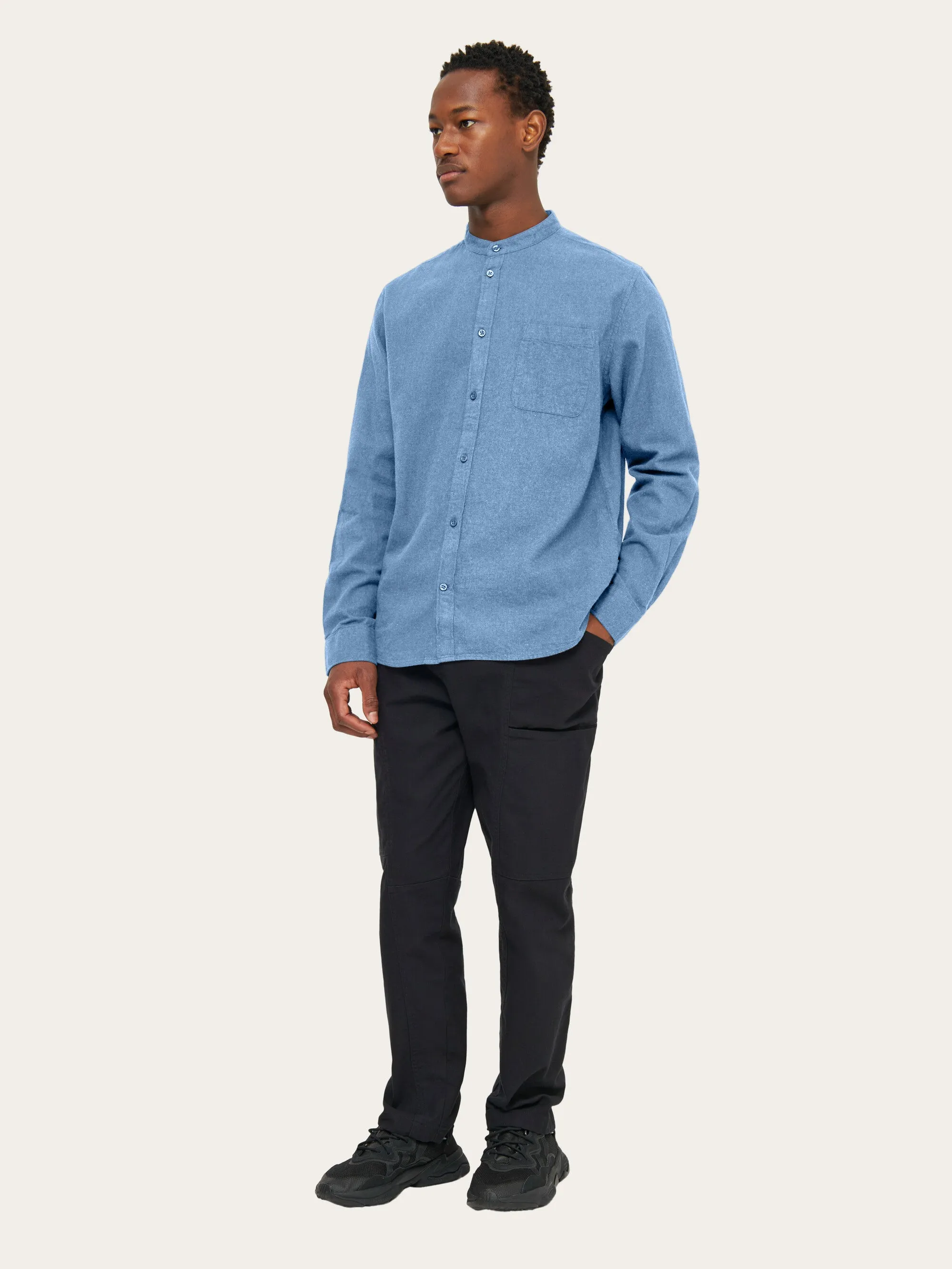Regular fit melang flannel stand collar shirt - Dark Denim Knowledge Cotton
