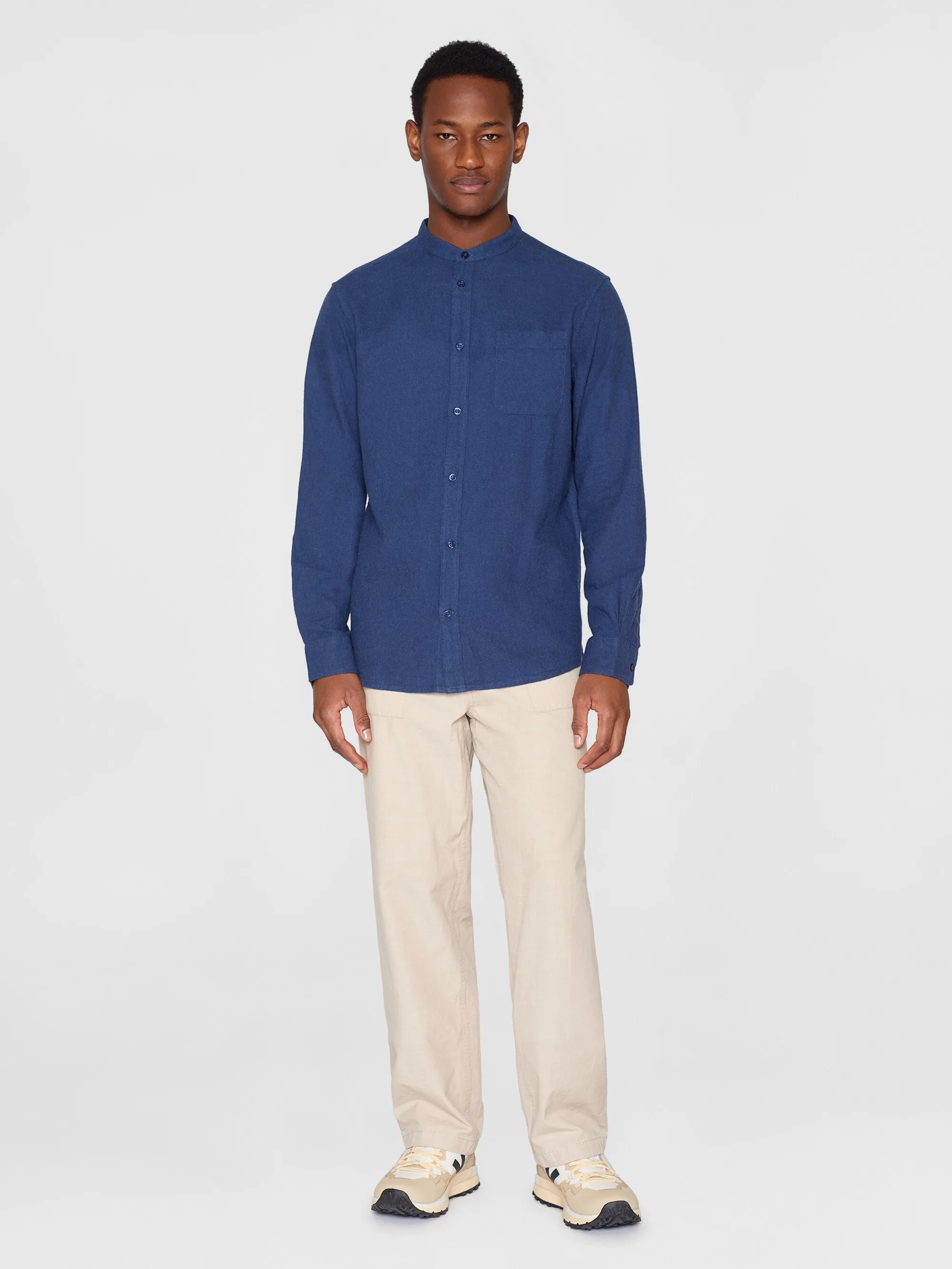 Regular fit melang flannel stand collar shirt - Estate Blue Knowledge Cotton