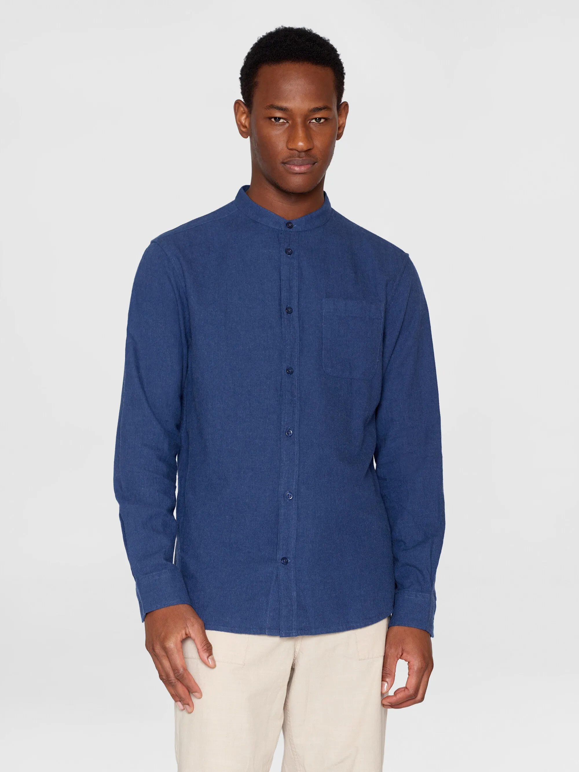 Regular fit melang flannel stand collar shirt - Estate Blue Knowledge Cotton