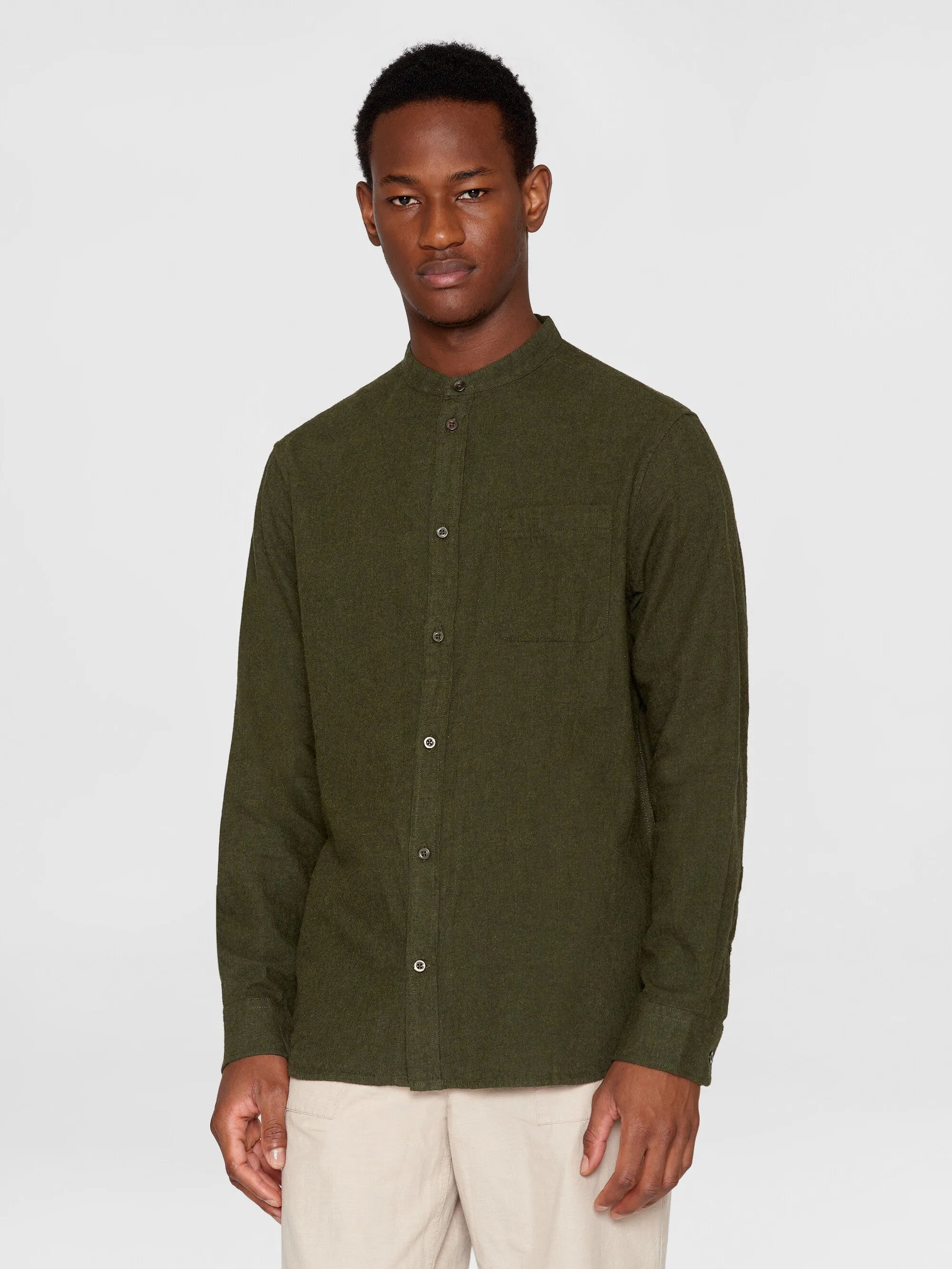Regular fit melang flannel stand collar shirt - Forrest Night Knowledge Cotton