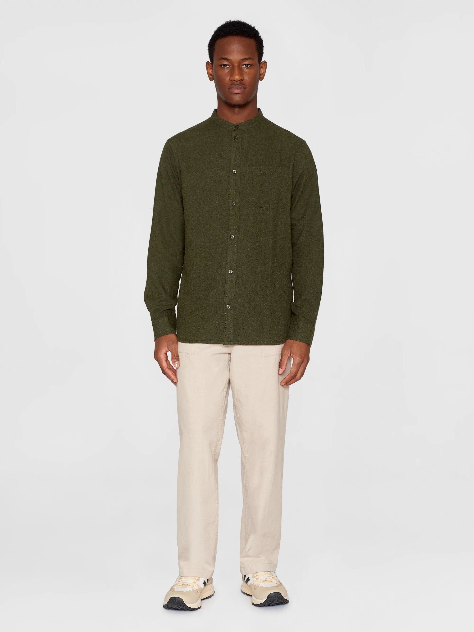 Regular fit melang flannel stand collar shirt - Forrest Night Knowledge Cotton