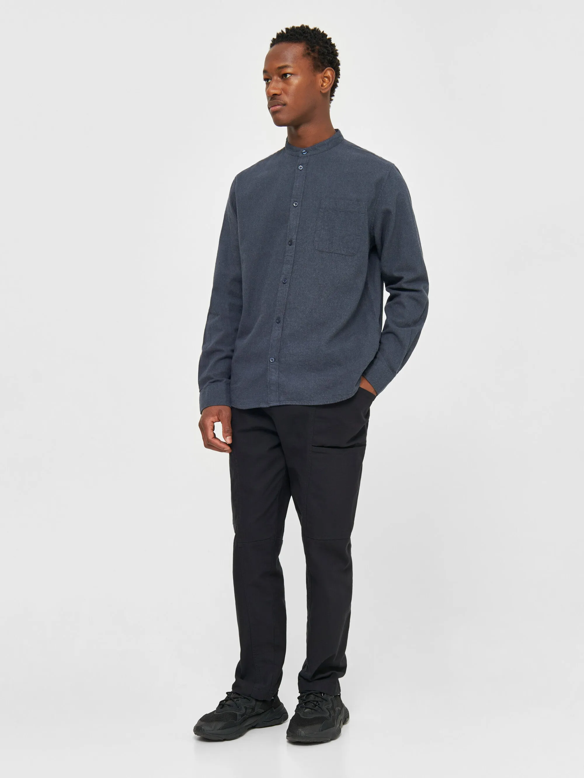 Regular fit melang flannel stand collar shirt - Total Eclipse Knowledge Cotton