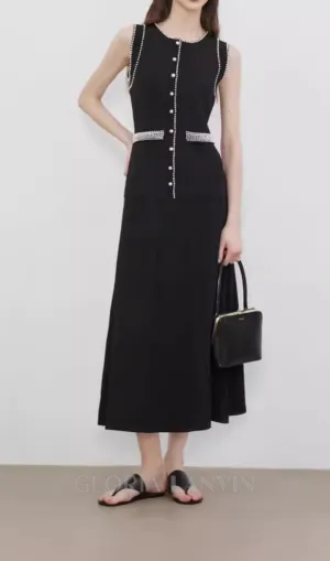 SALOME BEADED TRIM SLEEVELESS KNIT BLACK MIDI DRESS Gloria Lanvin