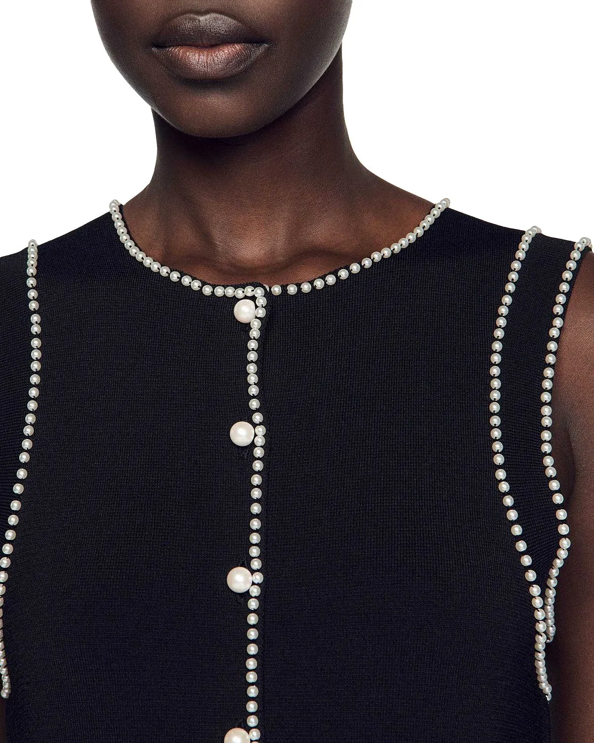 SALOME BEADED TRIM SLEEVELESS KNIT BLACK MIDI DRESS Gloria Lanvin