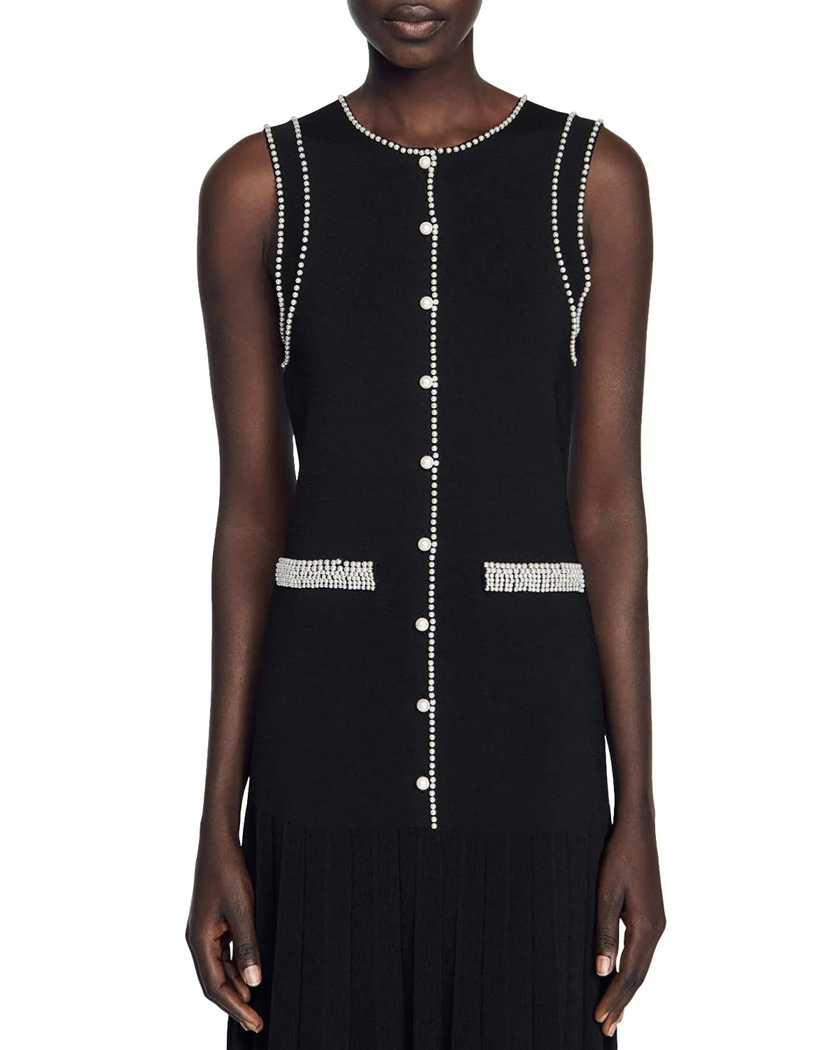 SALOME BEADED TRIM SLEEVELESS KNIT BLACK MIDI DRESS Gloria Lanvin