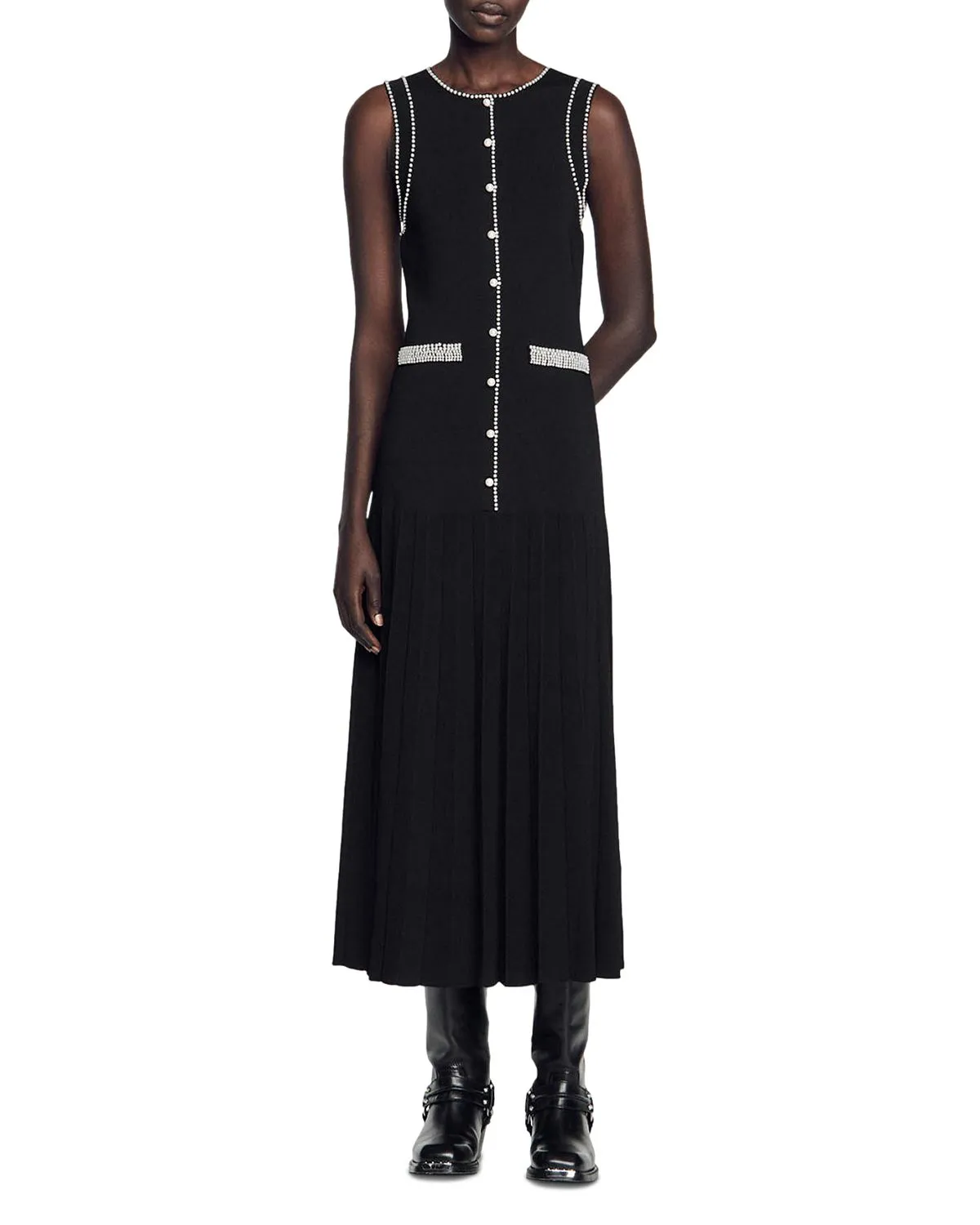 SALOME BEADED TRIM SLEEVELESS KNIT BLACK MIDI DRESS Gloria Lanvin
