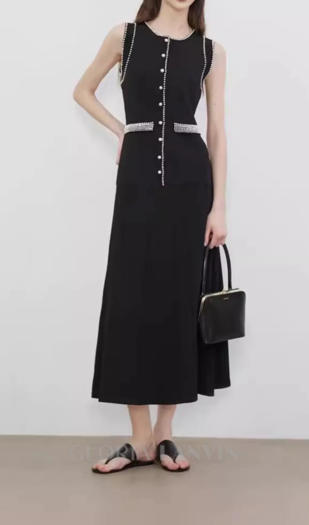 SALOME BEADED TRIM SLEEVELESS KNIT BLACK MIDI DRESS Gloria Lanvin