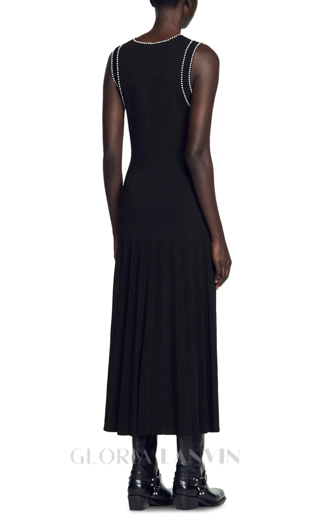 SALOME BEADED TRIM SLEEVELESS KNIT BLACK MIDI DRESS Gloria Lanvin
