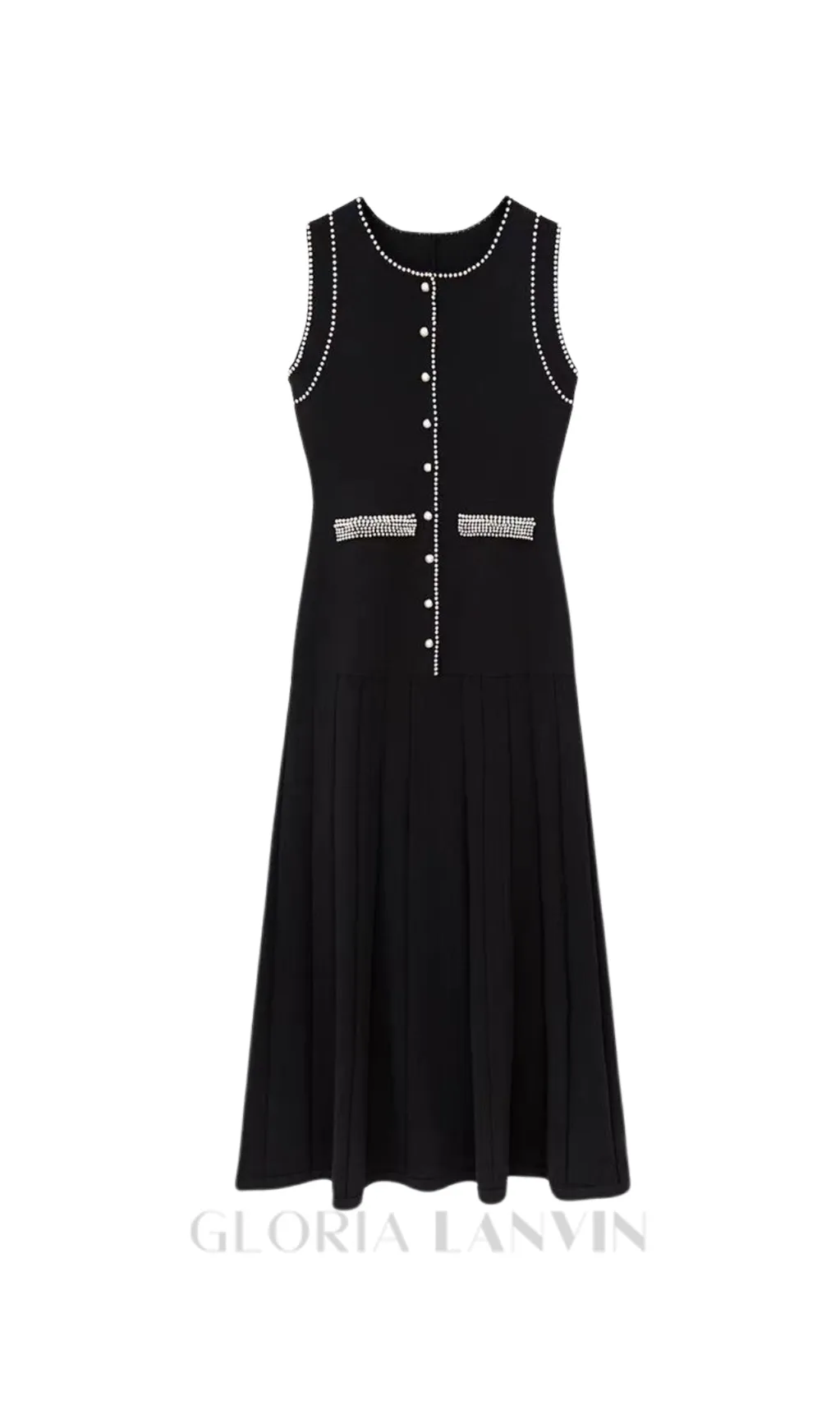 SALOME BEADED TRIM SLEEVELESS KNIT BLACK MIDI DRESS Gloria Lanvin