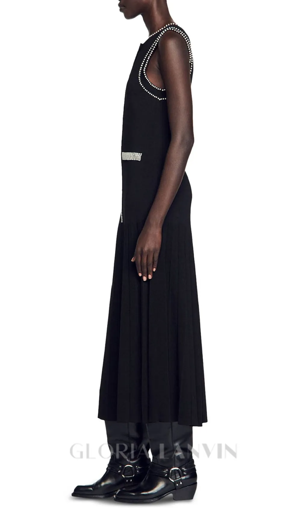SALOME BEADED TRIM SLEEVELESS KNIT BLACK MIDI DRESS Gloria Lanvin