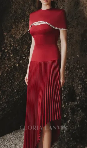Spaghetti Strap Asymmetric Pleated midi Dress in red Gloria Lanvin