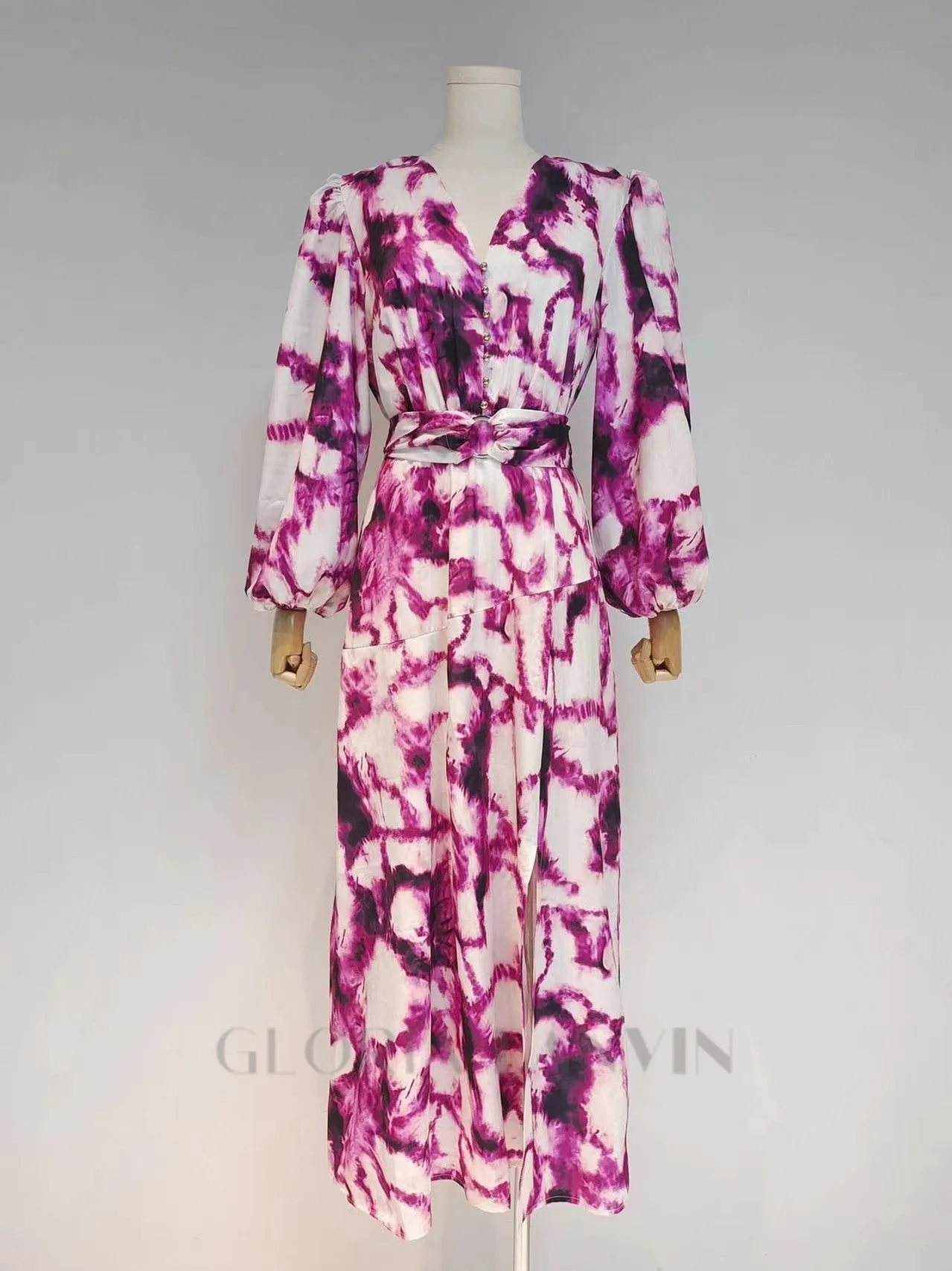 SUSANNA FUCHSIA BELTED TIE-DYED SATIN MAXI DRESS Gloria Lanvin