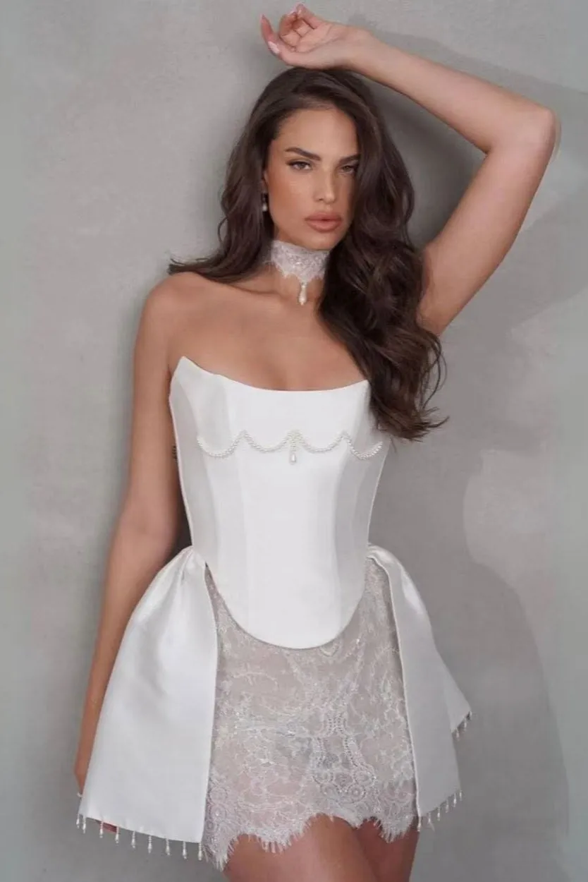 vicky pearl lace embellished bandage mini dress in white Gloria Lanvin